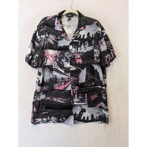 Forever 21 Men's Small Button Down Shirt NYC Cityscape Graphic Black Pink